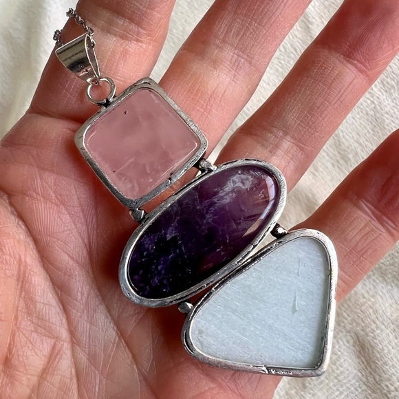 Rose Quartz + Amethyst + Hemimorphite Pendant Necklace Natural Crystal Spiritual - Picture 3 of 4